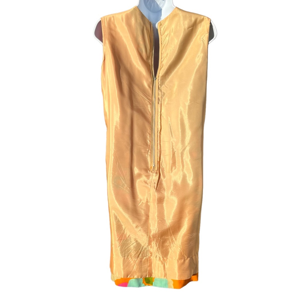 Vintage 60s Mod Floral Woven Shift Sheath Dress Tan Orange Green Pink - Picture 10 of 16